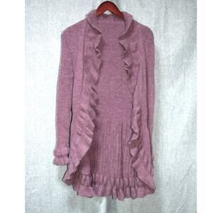 Italian Made Mohair Wool Blend Ruffle Open Front Cardigan Sweater in Mauve  6